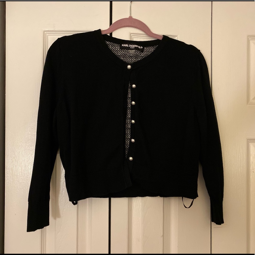 NWOT Karl Lagerfed Black Pearl-Buttoned Cardigan